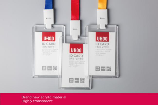 UHOO High transparent vertical push up acrylic id card holder abrasion resistance badge holder