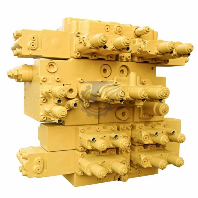 Side view of main control valve assembly showing port connections and mounting points