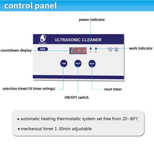 Front view of JP-008 ultrasonic cleaner showing digital control panel and stainless steel construction
