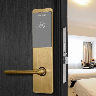China Long Battery Durability RFID Card Smart Hotel Lock Gold Brushed Zinc Alloy with Smartphone App TT Lock Optional Access for sale