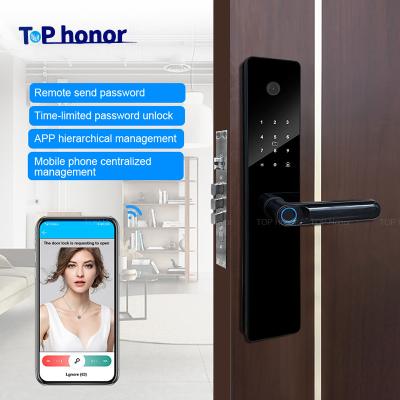 中国 Smart Code Door Lock Tuya Peephole Front Door Lock Biometric Anti Peep Code Card Key Access Semi Auto Door Lock 販売のため