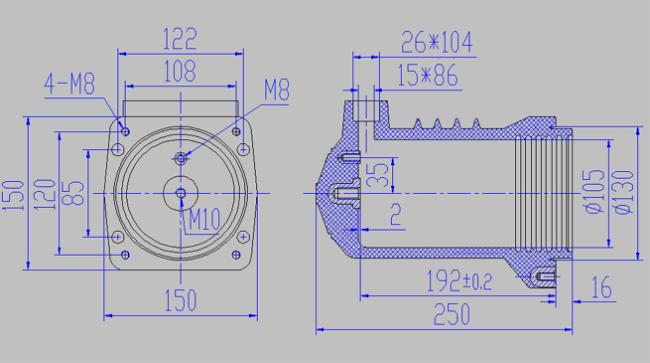 Technical drawing of 12kV insulation contact box 630A-1250A
