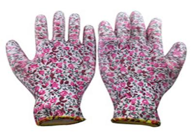 China Guantes del trabajo del jardín del poliéster, guantes revestidos del poliuretano de la impresión de la pintura en venta