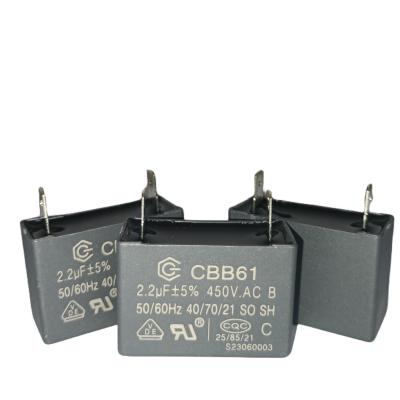 China CBB61 Capacitador de película ventilador de techo Capacitador encapsulado con cáscara de plástico con 450VAC-2Pins -2.2mfd en venta