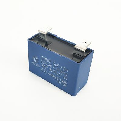 China CBB61 500V 5.0mfd Cooker Hood Capacitor Black Epoxy Blue PBT Case With Mounting Feet for sale