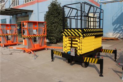 China Manual Pull Handle Mobile Boom Lift Hydraulic Scissor Lifter With Full Handrail for sale