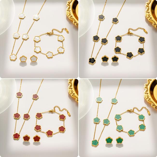 Gold Plated Stainless Steel Jewelry Designer Lucky Flower Shaped Five Leaf Clover Necklace Bracelet Earring Set for Women