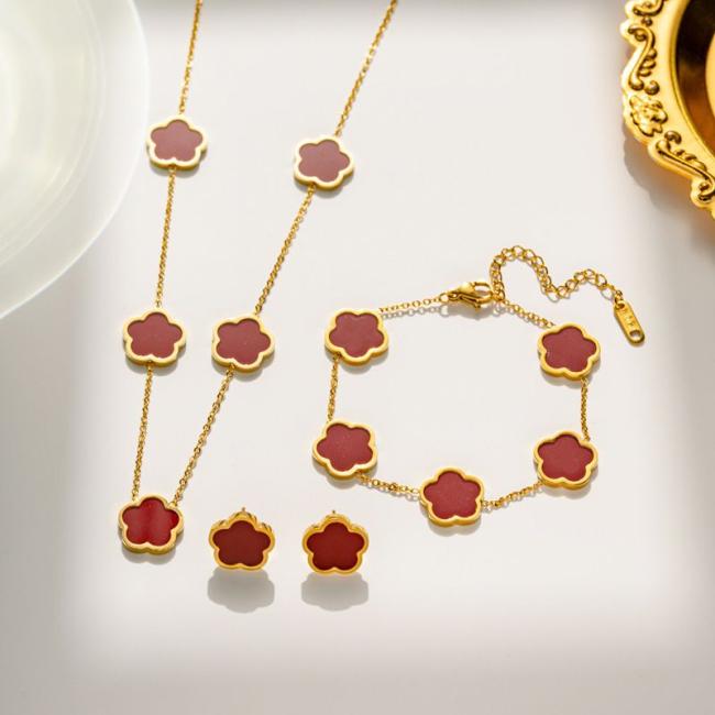 Gold Plated Stainless Steel Jewelry Designer Lucky Flower Shaped Five Leaf Clover Necklace Bracelet Earring Set for Women