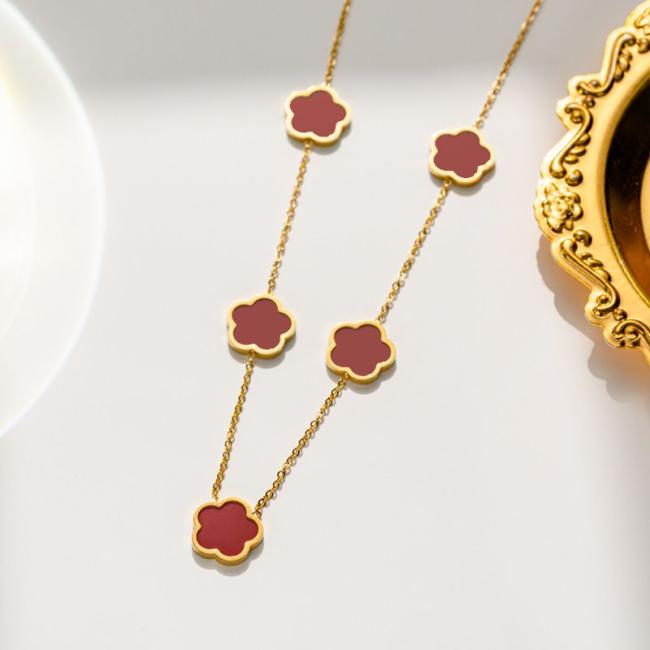 Gold Plated Stainless Steel Jewelry Designer Lucky Flower Shaped Five Leaf Clover Necklace Bracelet Earring Set for Women