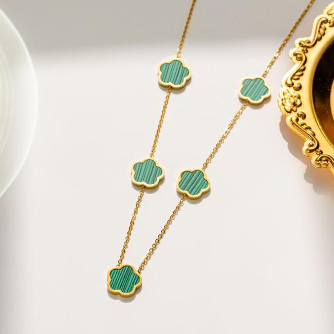 Gold Plated Stainless Steel Jewelry Designer Lucky Flower Shaped Five Leaf Clover Necklace Bracelet Earring Set for Women
