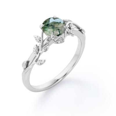 China Round Cut Opaque White Druzy Mossy Green Agate Branch Leaf Design One-Stone Engagement Ring for sale