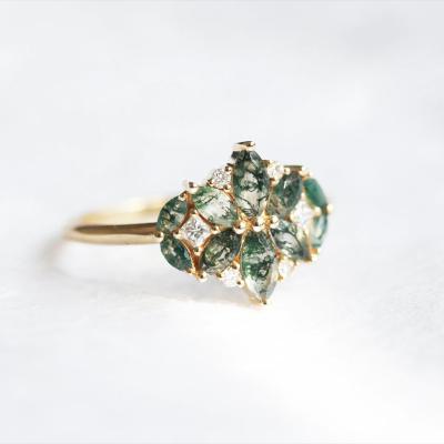 China Natural Moss Agate Flower Shape Marquise Blossom CZ Wedding Cluster Ring for sale