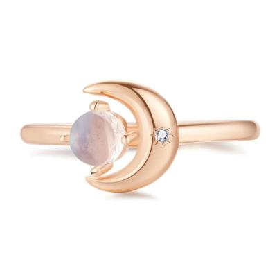 China Unique Moon Shape Silver Rose Gold Plated Natural Moonstone Silver Ring Star Round CZ Hot Selling Rings for sale