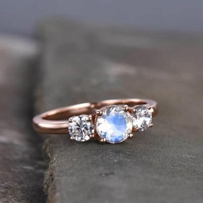 China 925 Sterling Silver CZ Natural Jewelry Faceted Rainbow Moonstone Three Stone Ring for sale