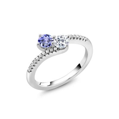 China Gem Stone King 0.87 Ct Round Blue Tanzanite White Topaz 925 Sterling Silver Bypass Ring for sale