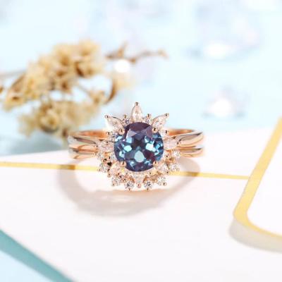 China Wholesale 925 Sterling Silver Jewelry Synthetic Alexandrite Engagement Ring Lab Created Alexandrite Ring Set for sale