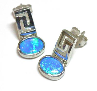 China 925 Greek Key Round Dangle Blue Lab Created Opal Earrings 3.9 Grams Estate Vintage For Girls for sale