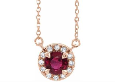 China 14K Gold Natural Ruby Pendant Necklace Round Cut With 0.6ct 5mm Halo Stones for sale