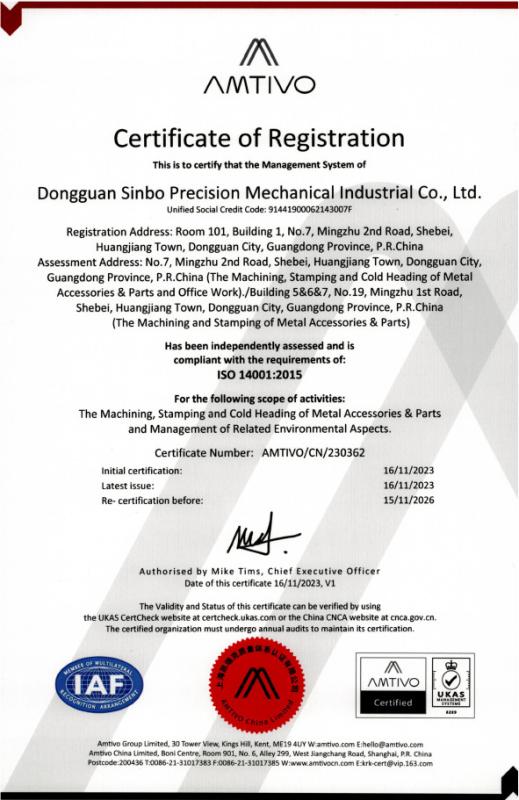 ISO14001:2015 - Sinbo Precision Mechanical Co., Ltd.