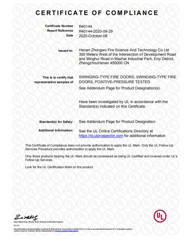 UL Certification - Zowor Door Industry Co., Ltd
