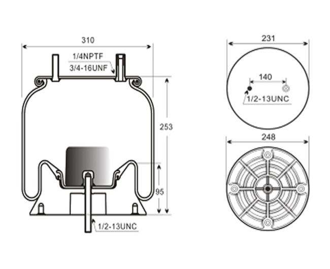 Technical drawing of 9336 truck air spring showing dimensions and specifications