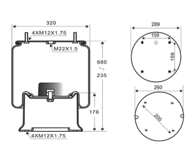 Technical drawing of 1V 6364 Truck Air Spring showing dimensions and specifications