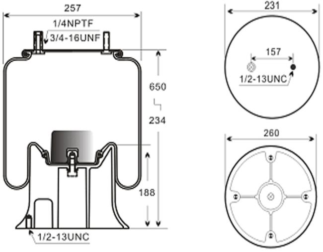 Technical drawing of 1V 9321 Truck Air Spring showing dimensions and specifications