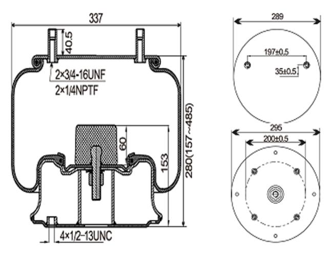 Technical drawing of 1V 8050 truck air spring showing dimensions and specifications