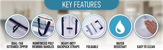 key features. reinforced poly webbing handles. foldable. easy to clean. dual-tab extended zipper.