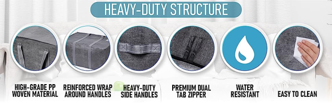 heavy-duty structure. high-grade pp woven material. water-resistant. heavy-duty side handles.