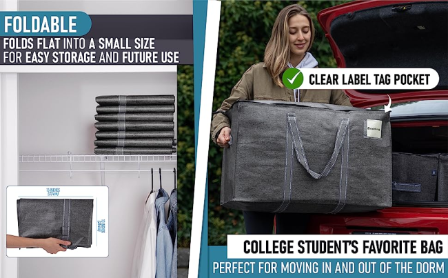 woman putting a large gray storage and moving bag in a red car. clear label tag pocket. foldable.