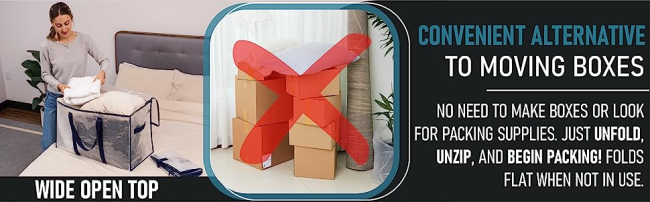 Convenient alternative to moving boxes. Cardboard boxes crossed out. Woman putting towels in bag.