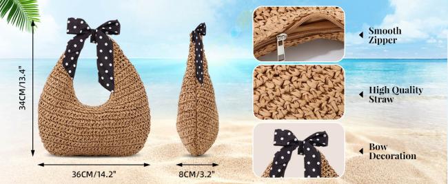 Straw Bag for Women Crescent Summer Beach Tote Purse Soft Raffia Woven Hobo Bag Shoulder Handbag