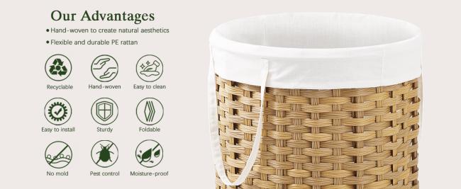 Laundry Hamper Laundry Basket Round 19.0 Gal (72 L) Handwoven Rattan Laundry Basket