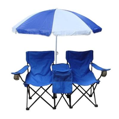 China Blue Fabric Folding Double Two Seats Camping Beach Chair With Umbrella Chair Folding Camping Chair for sale
