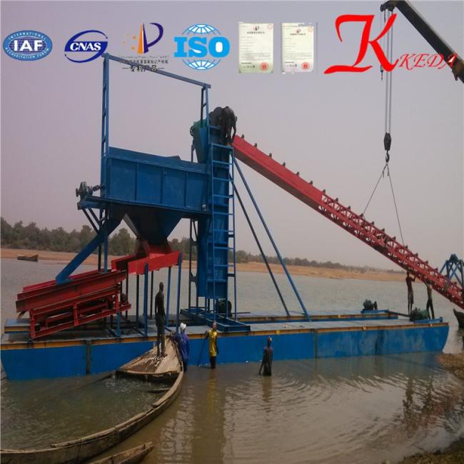 Bucket Chain Dredger in operation showing full machine structure