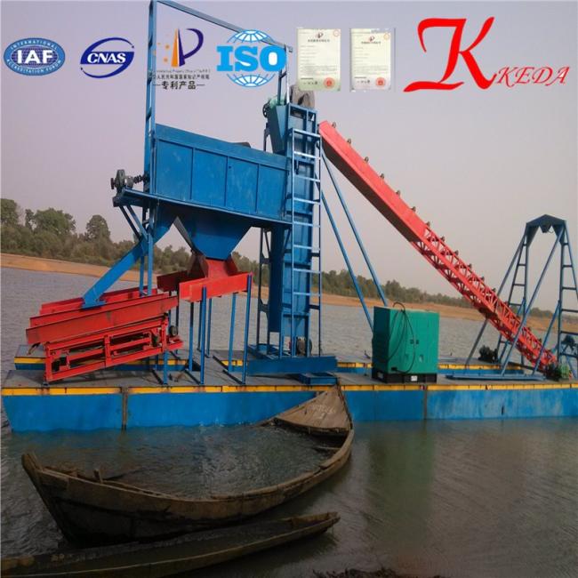 Close-up view of bucket chain mechanism on dredger