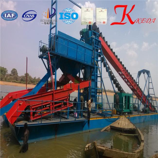 Side view of dredger showing pontoon and conveyor system