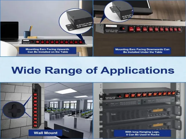 8 Outlet Horizontal 1u Rack Mount PDU Power Strip for Network Server Racks - Surge Protection - 120V/15A - W/ 6FT Power Cord