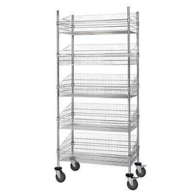 China Grocery Storage Movable Wire Grid Baskets Shelving Five Layers Silver Color for sale