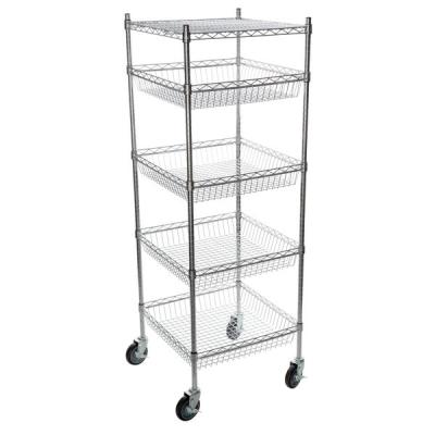 China 5 Layers Mobile Metal Wire Rack Basket Shelving Unit Chrome Surface Finish for sale