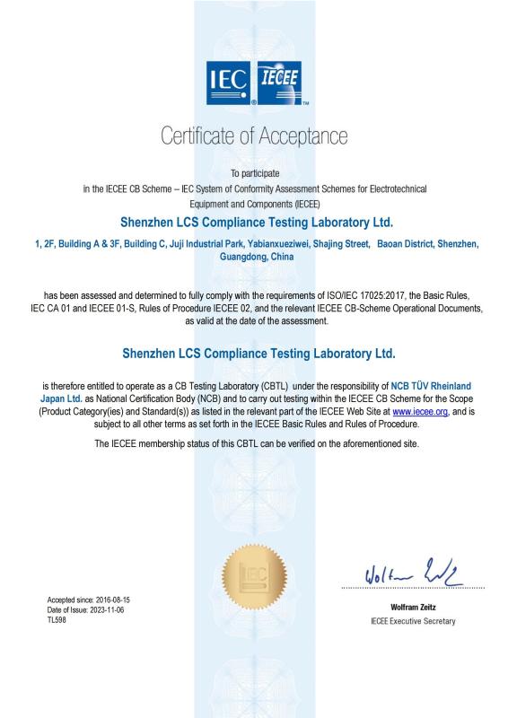IECEE CBTL certificate of acceptance - Shenzhen LCS Compliance Testing Laboratory Ltd.