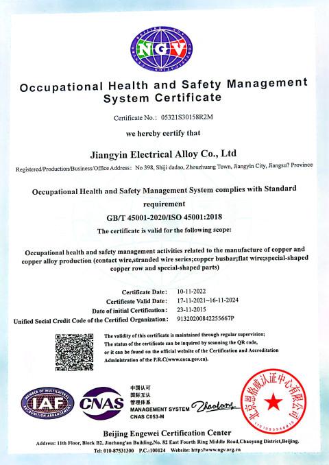 ISO 45001:2018 - Jiangyin Electrical Alloy Co., Ltd.