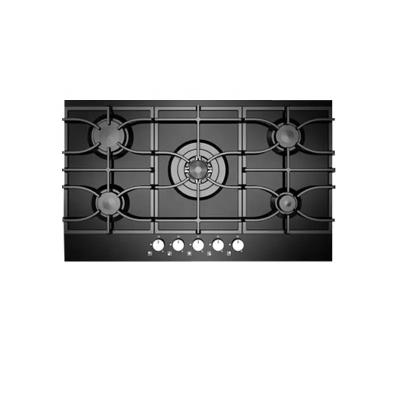 China Electronic Ignition Built In Gas Hob 5 Burners With Heavy Duty Cast Iron Pan Support Panel Glass for sale