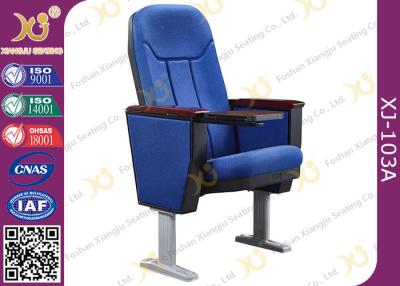 China Soild Wood Armrest Blue Fabric Conference Hall Chairs With Aluminum Feet for sale