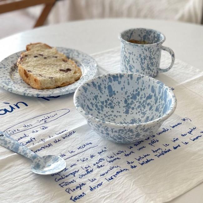 Factory Directly Enamel Tablewares Custom Color Marble Coating Enamel Plate/Bowl/Mug Set