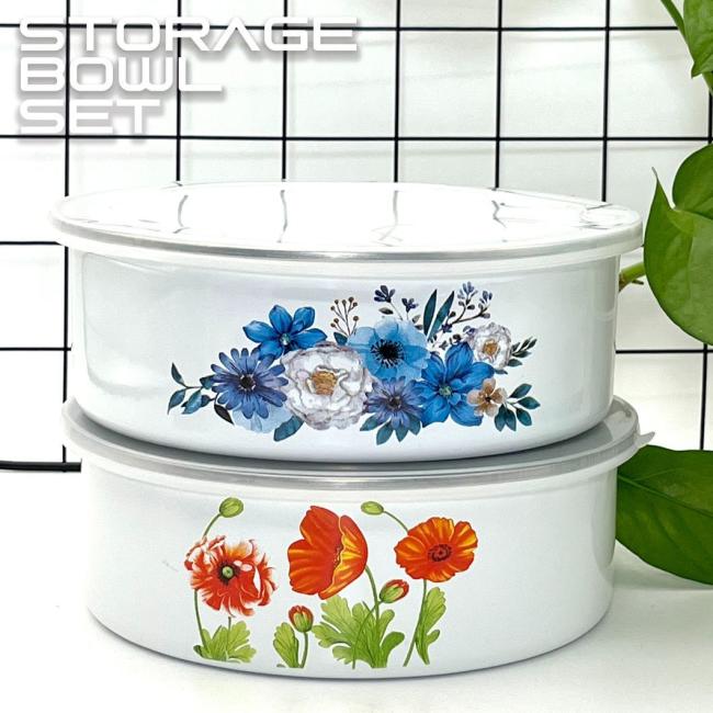 Gift Box Cheap Colorful Kitchen Accessories Fruit Food 5 PCS Hand Painted Enamel Storage Bowl Set with Lid