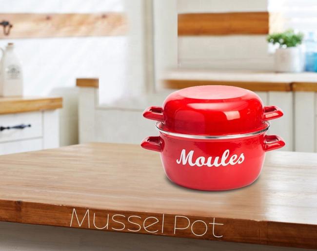 Mussel Pot Excellent Quality Customized Decal Color Seafood Cooking Shellfish Olla Pot Enamel Mussels Pot with Enamel Lid