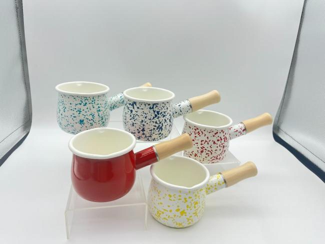 Enamel Cookware Colorful Sprinkle Saucepan Milk Pan Mini Butter Warmer Small Cookware with Wooden Handle