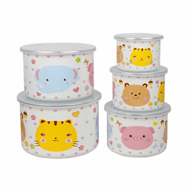 10/12/14/16/18cm High Straight Enamel Stortage Bowl Eco-Friendly Metal Steel Sublimation Bowl Food Container Bowl with PP Lid